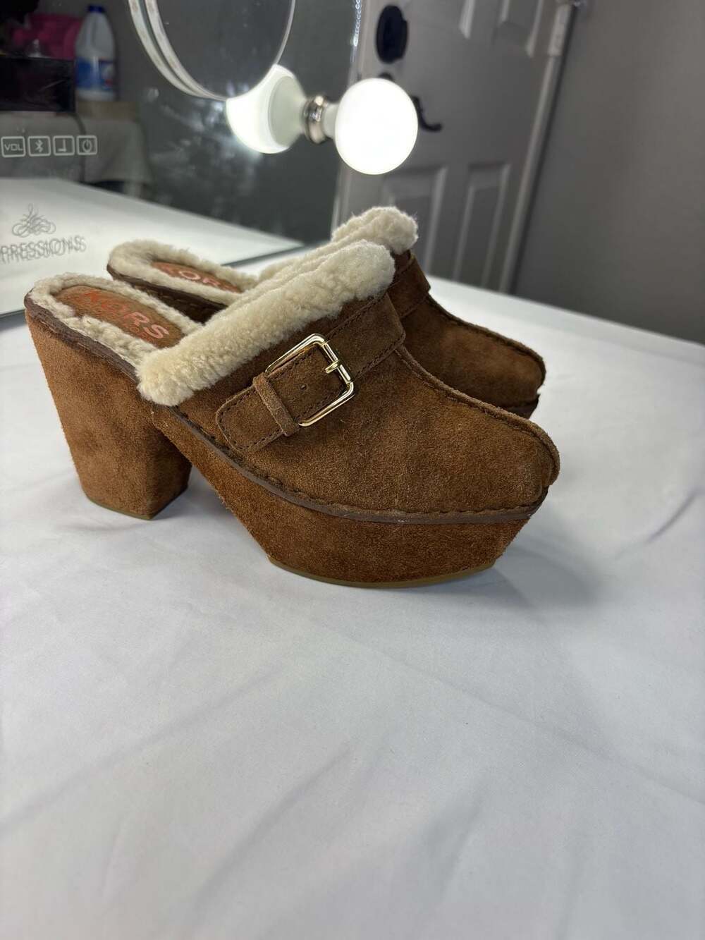 KORS Michael Kors Vintage Brown Suede Sherpa Lined Platform Mule Clogs
